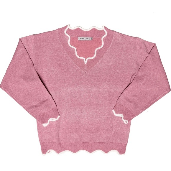Misslook Cute Pink Scalloped Hem Knitted Wool Sweater Coquette Feminine Medium - Picture 1 of 12